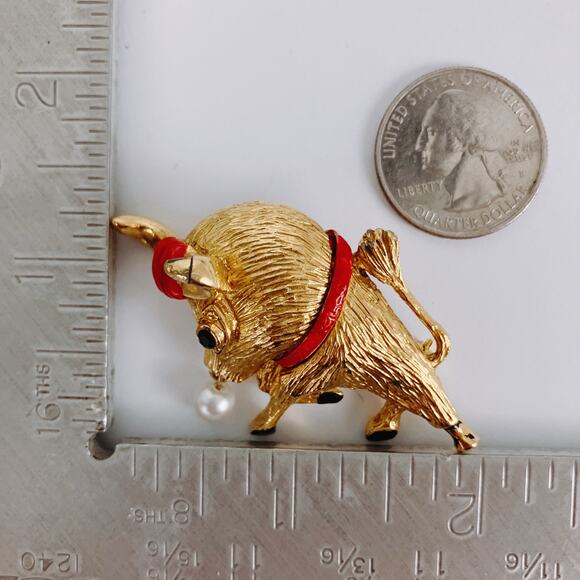 VTG 1960s Gold Tone Enamel Bull Brooch Mid Century Figural Whimsical Collectible - Picture 10 of 13